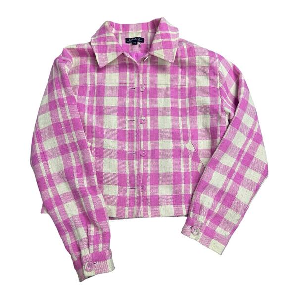 Charlie B Women’s P/S Pink Plaid Cropped Jacket Coat Button Front Preppy Shacket - Picture 1 of 7